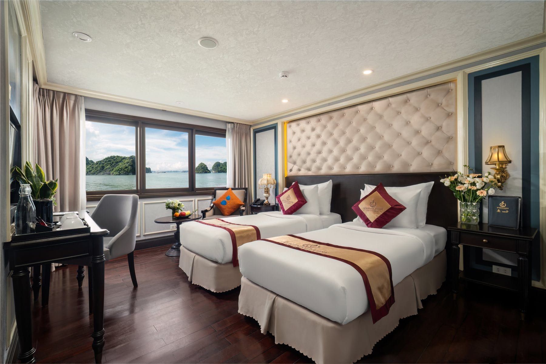 Twin beds in an Elegance Balcony cabin