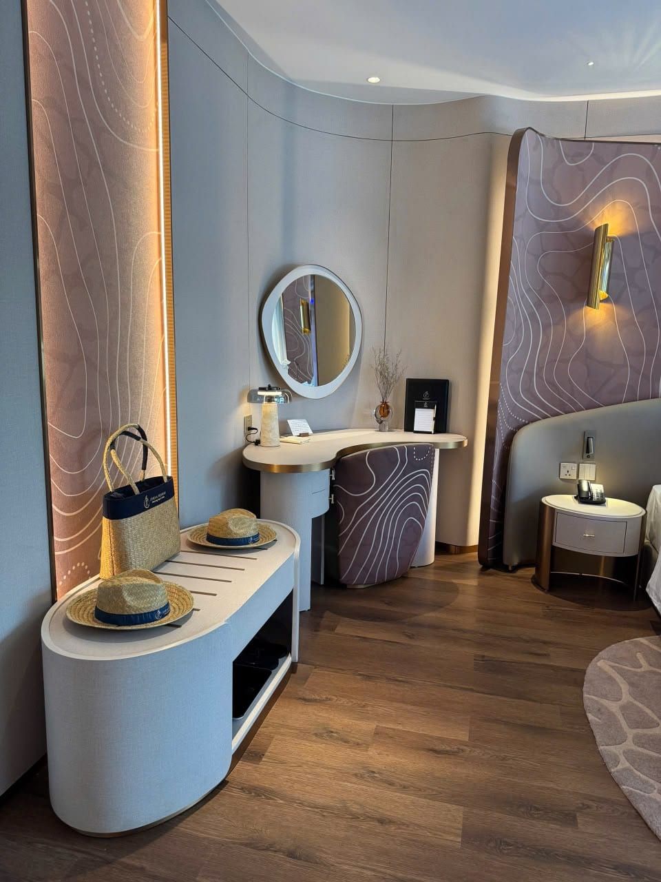 The dressing area of an Athena Premium cabin, mirror and vanity console