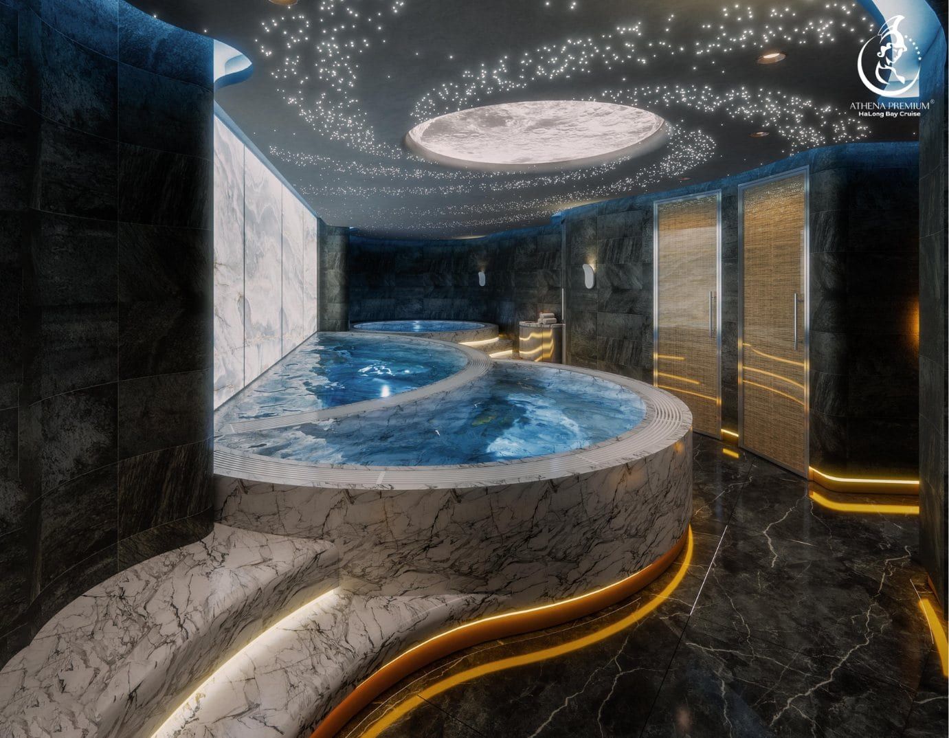 Render of the onsen bathing pools set into a marble surround