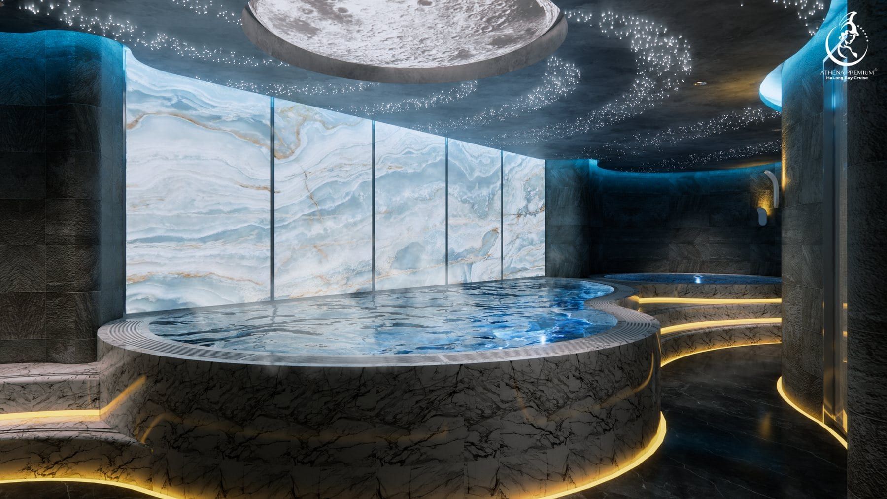 Render of the Athena Premium onsen, a bathing pool beneath a moon-and-stars ceiling