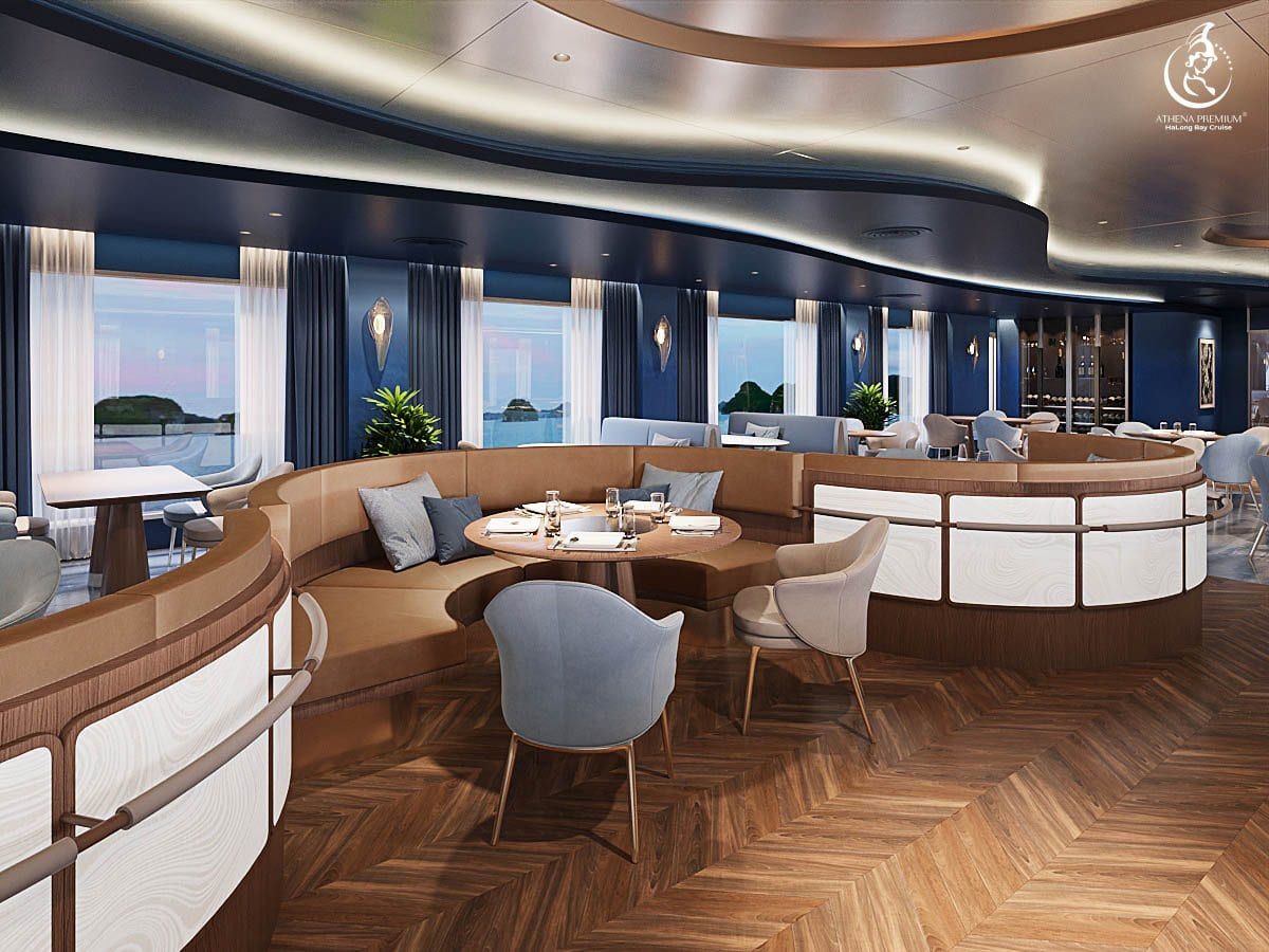 Render of Ambrosia Gallery Restaurant, banquettes and round tables by the windows