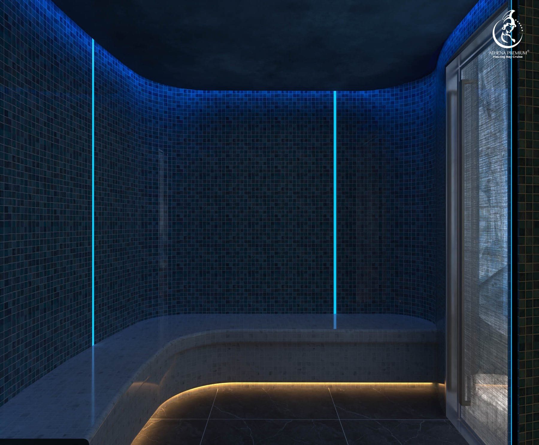 Render of the steam room, dark mosaic tiling and cove lighting