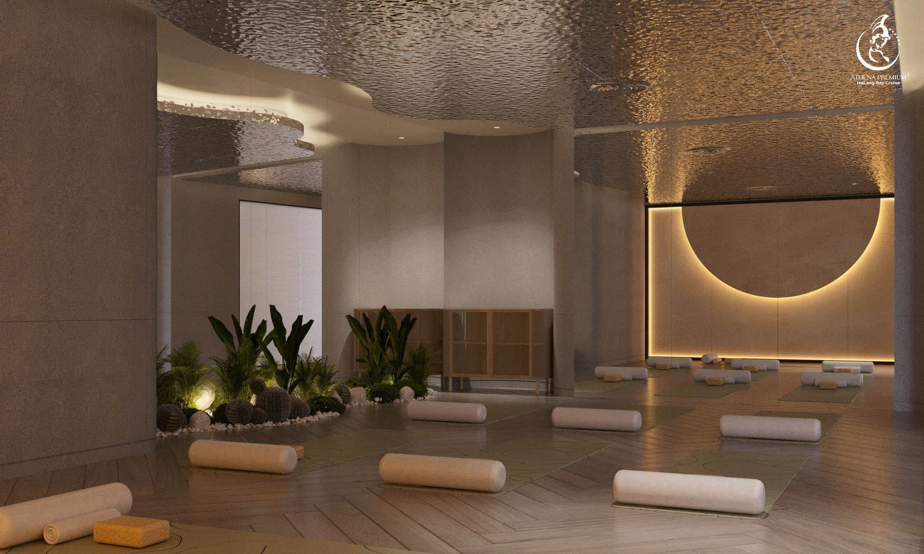 Render of the yoga studio, mats laid out in an open room with planting