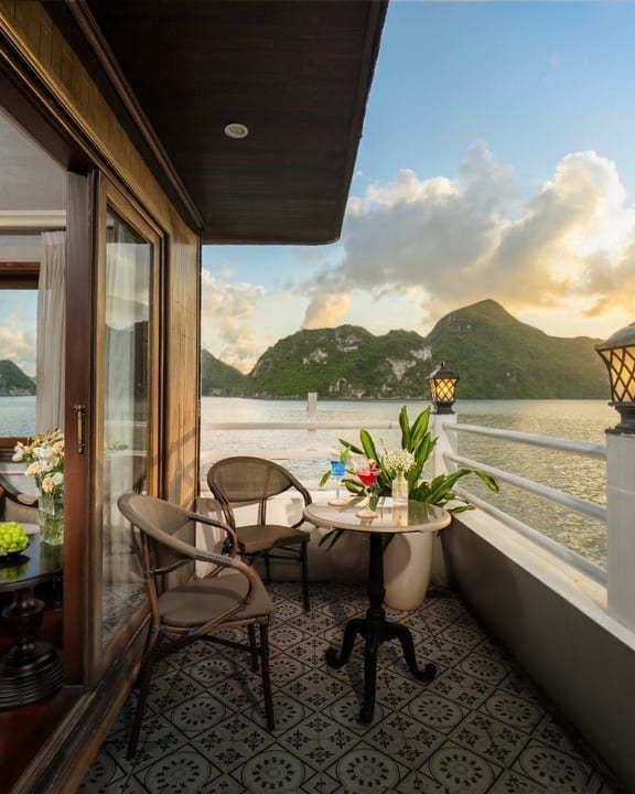 The private sun terrace of an Athena Luxury cabin at sunset